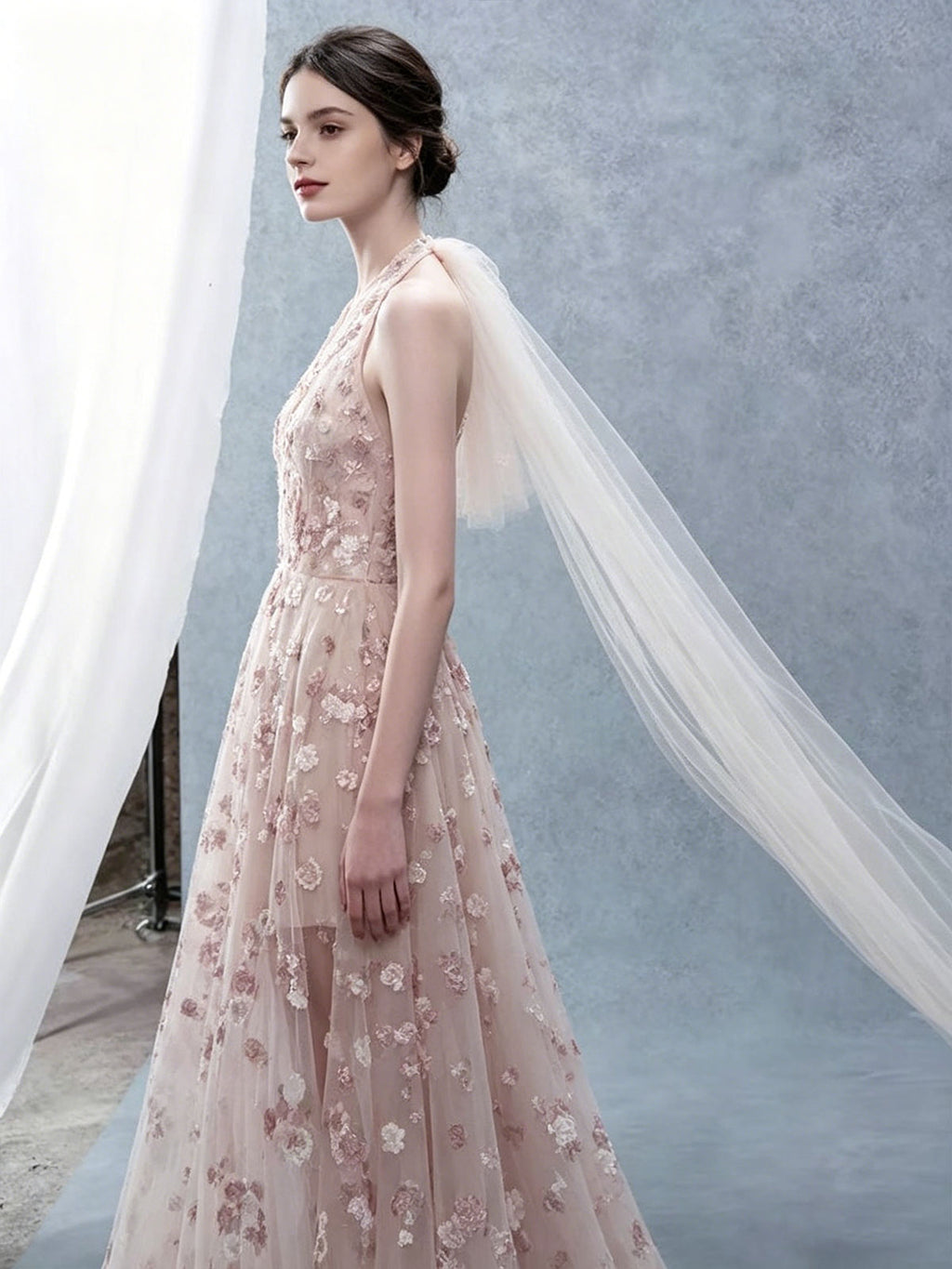 Blush Pink Halter Neck Floral Embroidered Tulle Evening Gown