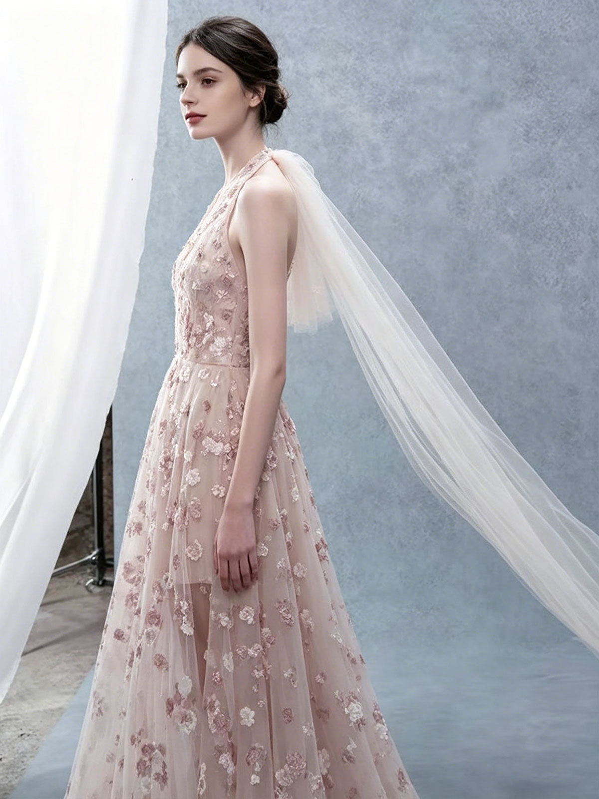 Blush Pink Halter Neck Floral Embroidered Tulle Evening Gown