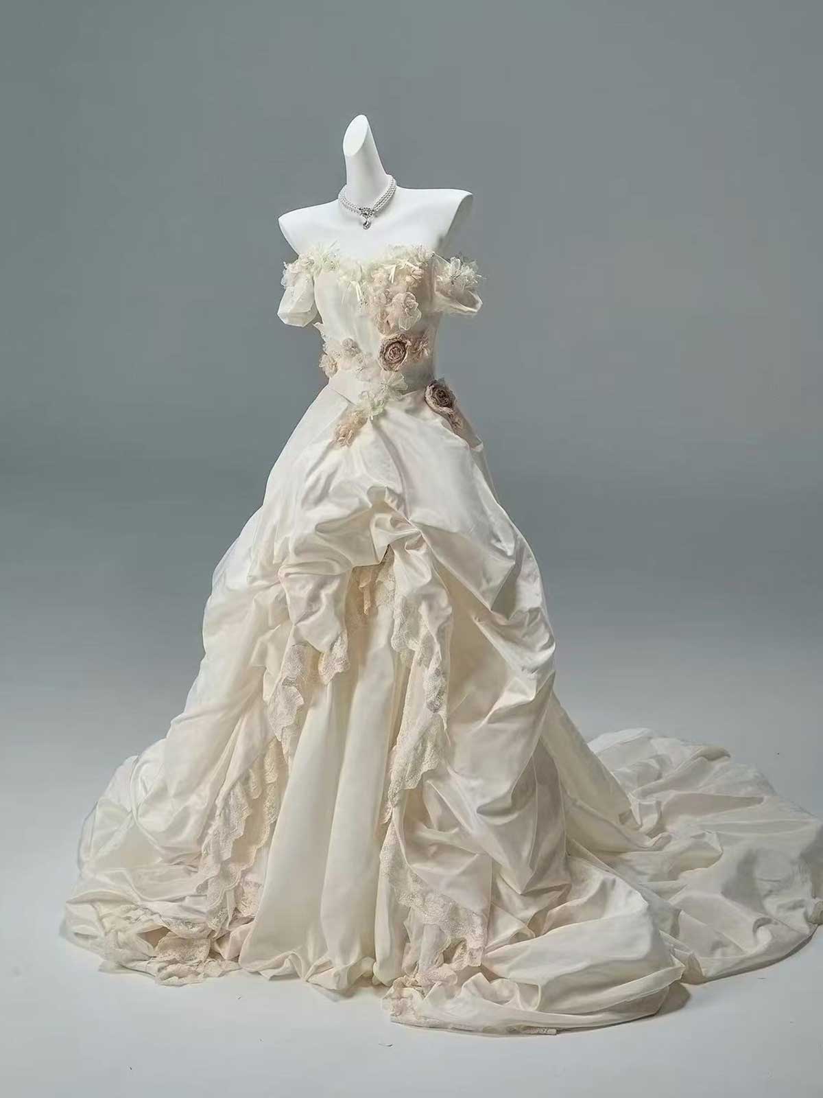 Vintage Champagne Satin 3D Floral Off-the-Shoulder Ball Gown Wedding Dress