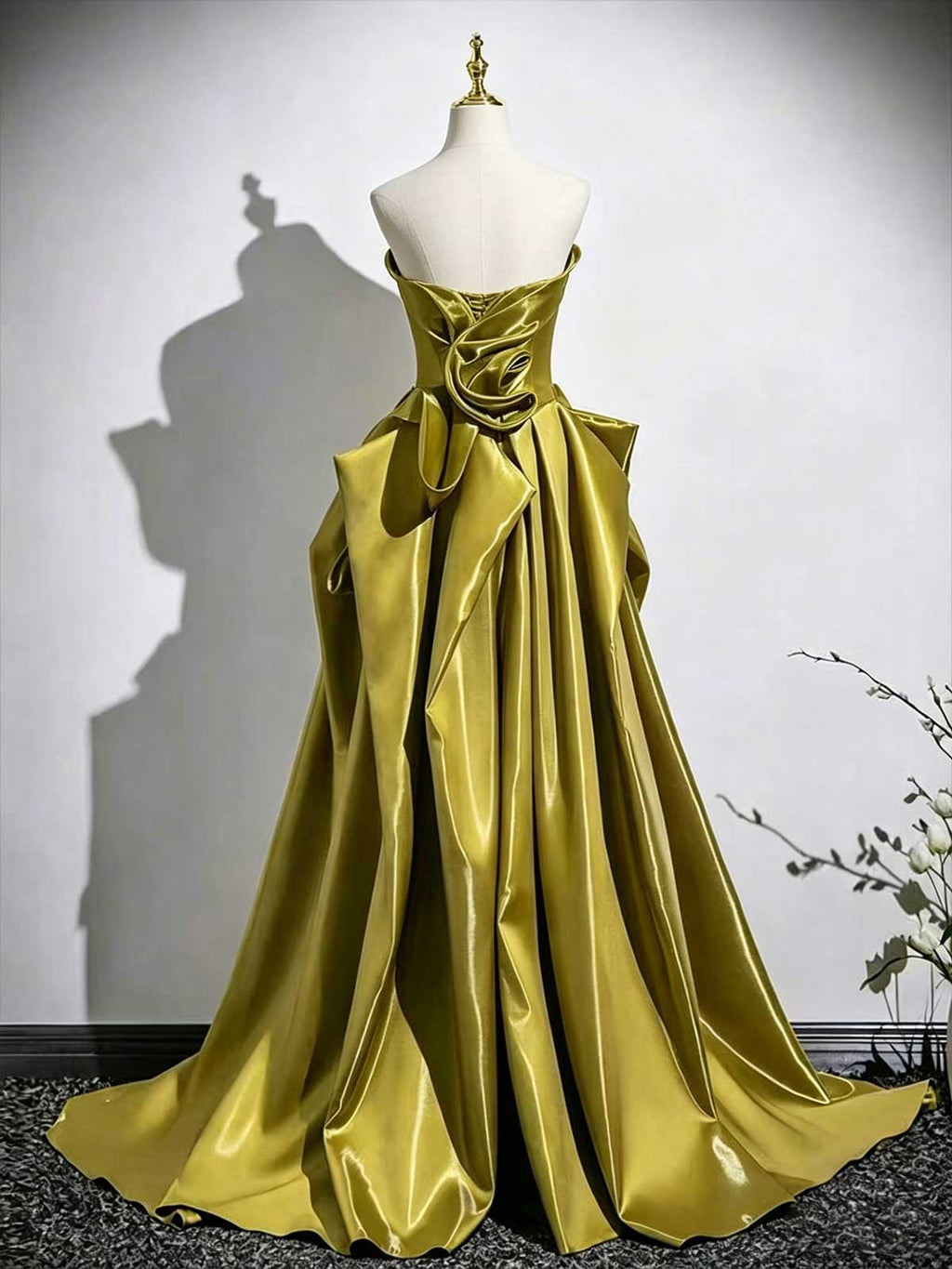 Olive Green Strapless Satin Ball Gown with Oversized Bow Detail