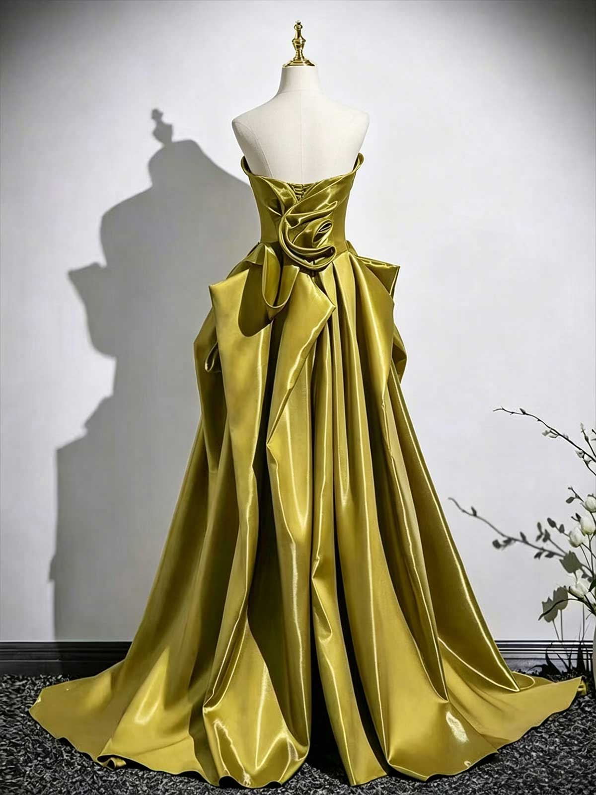 Olive Green Strapless Satin Ball Gown with Oversized Bow Detail