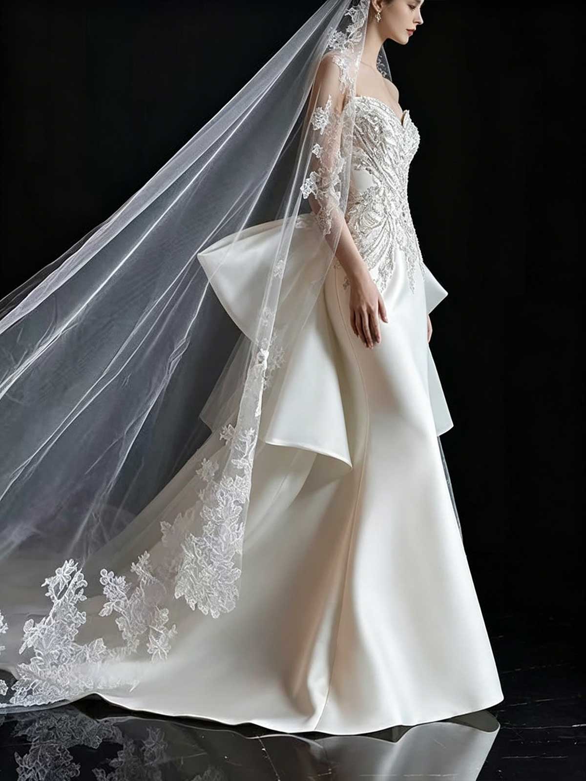 White Strapless Lace & Satin Mermaid Wedding Dress with Oversized Bow
