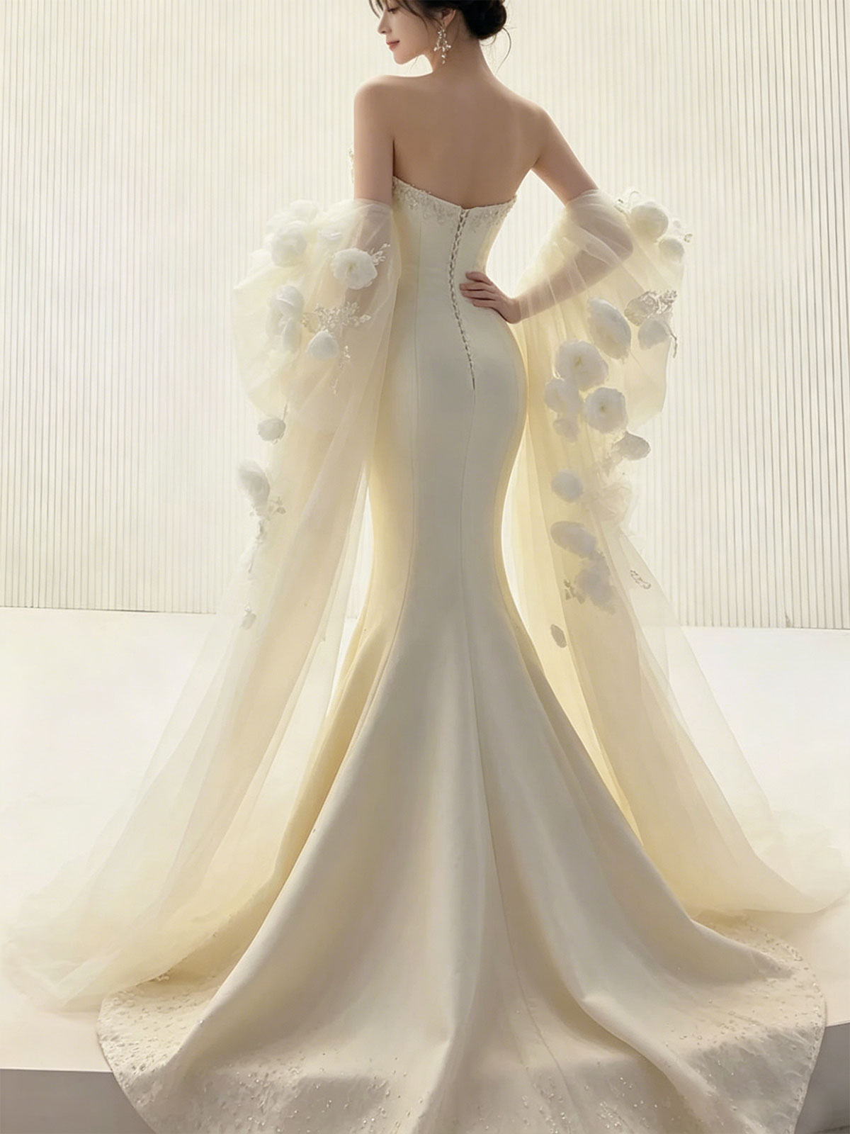 Sweetheart 3D Floral Puff Sleeve Satin Mermaid Wedding Dress