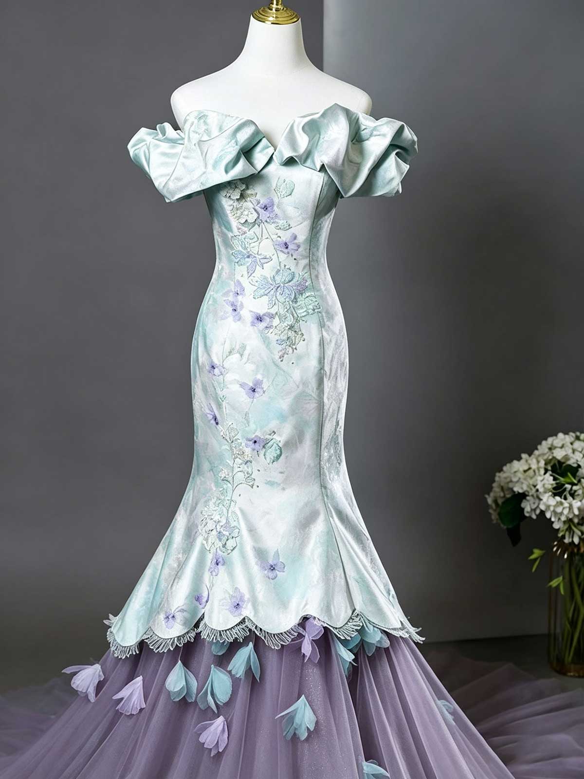 Mint Green Off-the-Shoulder Mermaid Gown with Floral Embroidery & Tulle Train