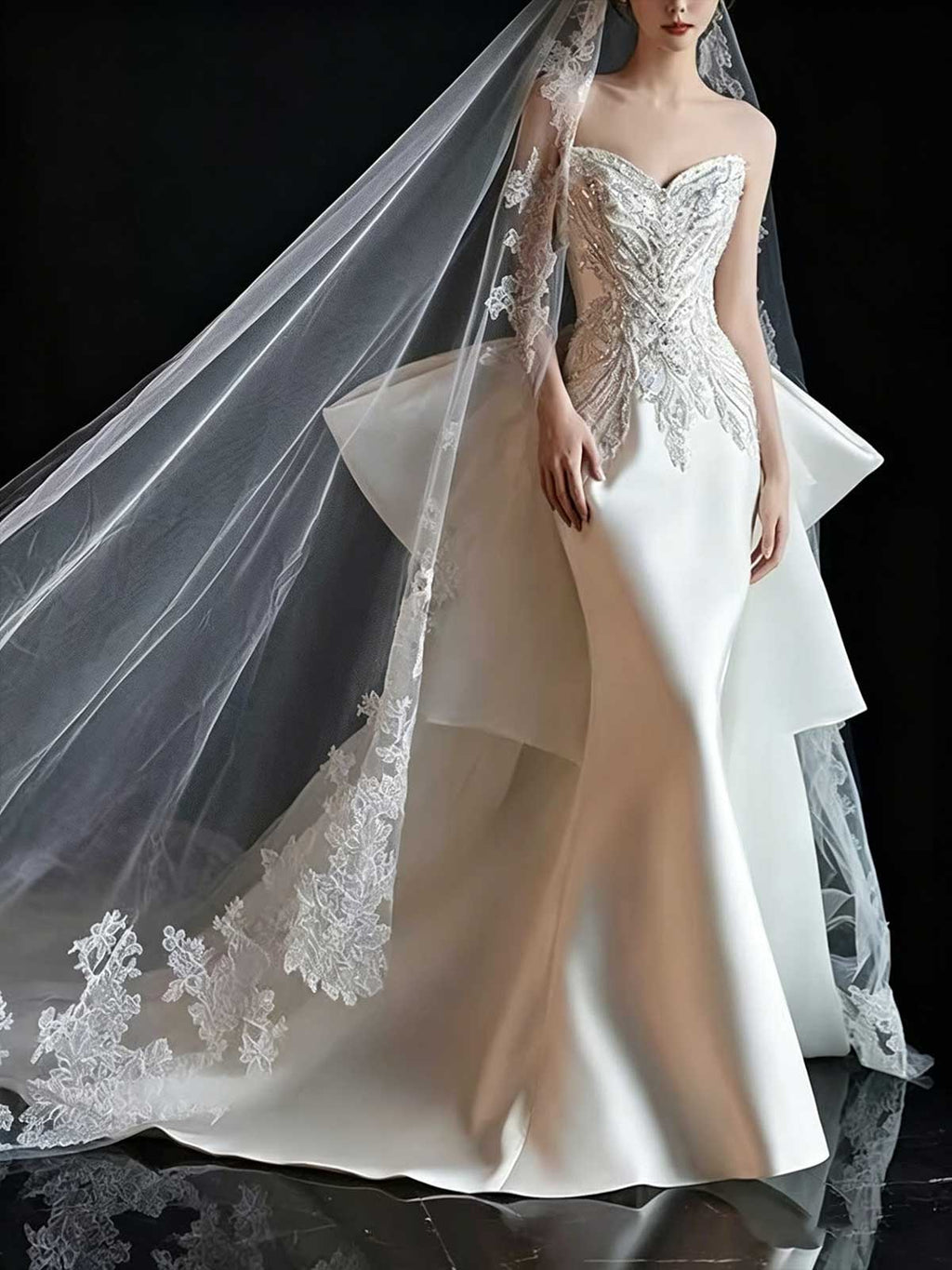 White Strapless Lace & Satin Mermaid Wedding Dress with Oversized Bow