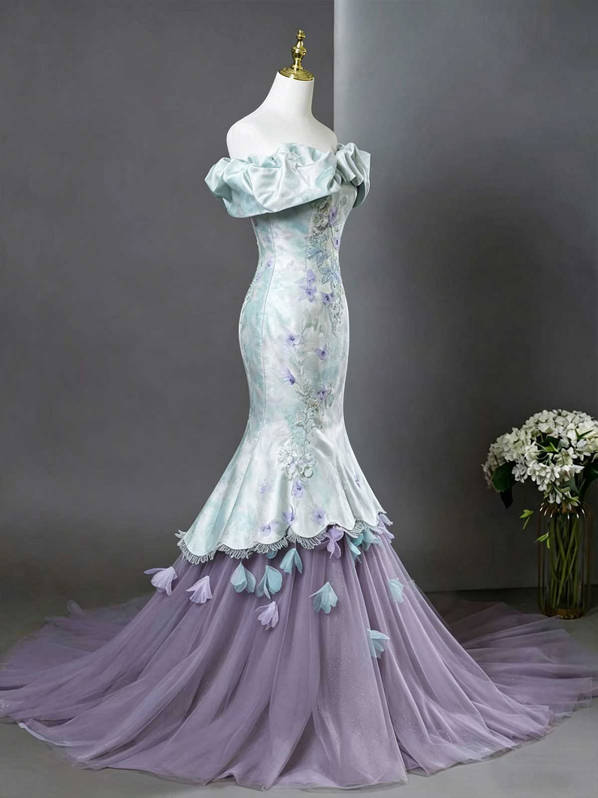 Mint Green Off-the-Shoulder Mermaid Gown with Floral Embroidery & Tulle Train