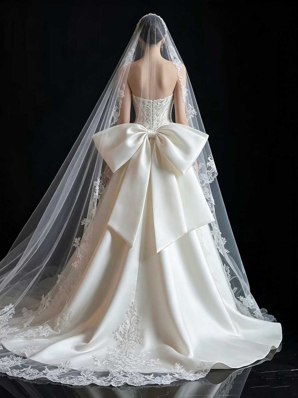White Strapless Lace & Satin Mermaid Wedding Dress with Oversized Bow