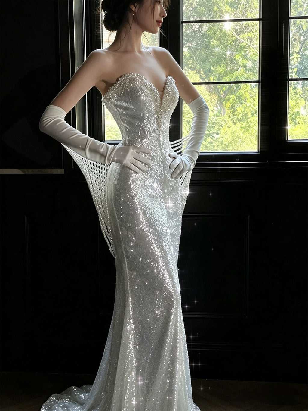 Strapless Full Rhinestone Gloves Mesh Mermaid Evening Gown