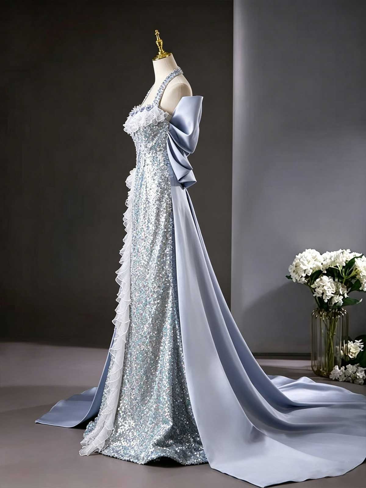 Silver Blue Halter Neck Sequin Mermaid Gown with Oversized Satin Train