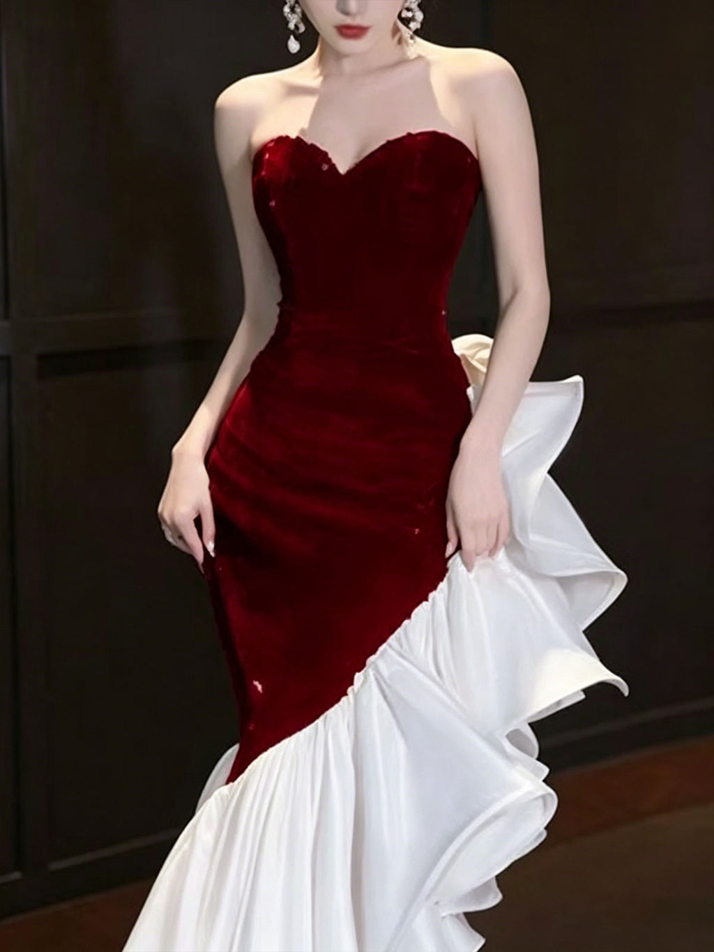 Strapless Burgundy Velvet White Ruffle Mermaid Formal Gown