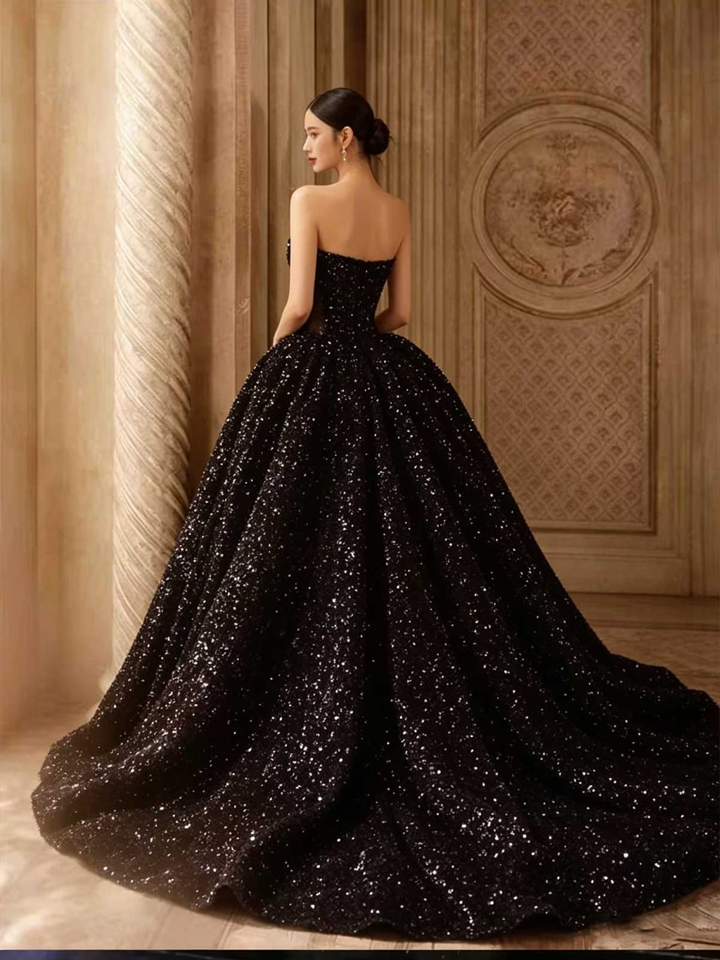 Black Strapless Sequin Ball Gown with Sheer Neckline