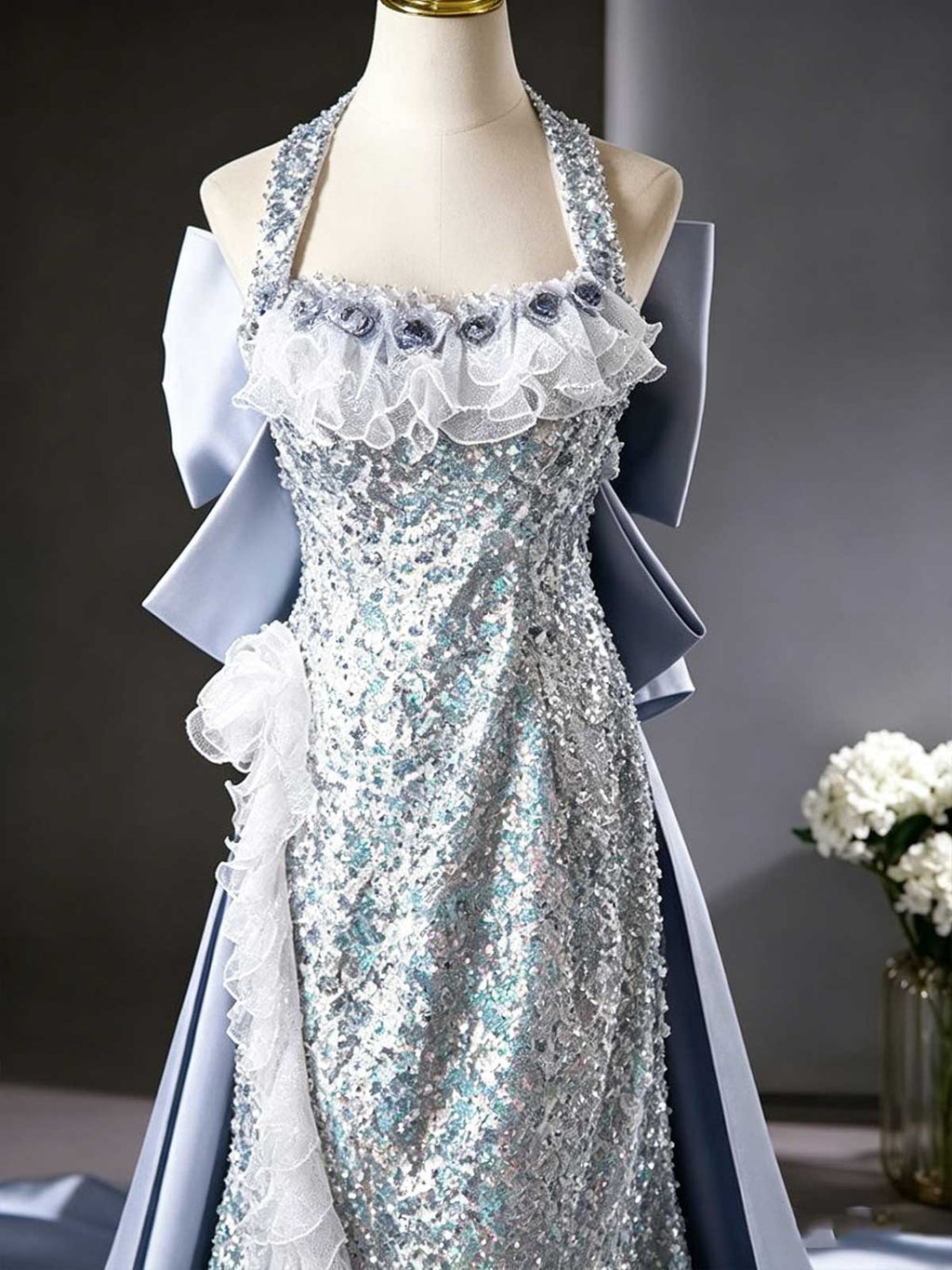 Silver Blue Halter Neck Sequin Mermaid Gown with Oversized Satin Train