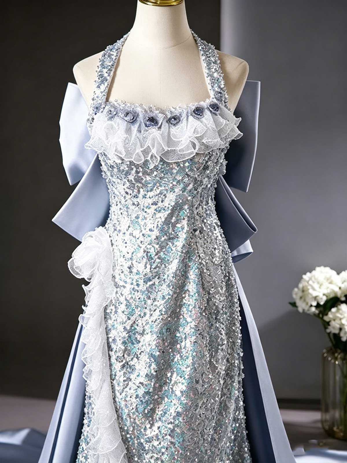 Silver Blue Halter Neck Sequin Mermaid Gown with Oversized Satin Train
