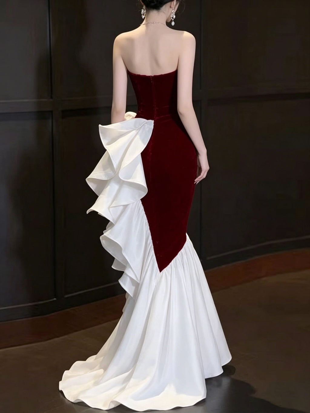 Strapless Burgundy Velvet White Ruffle Mermaid Formal Gown