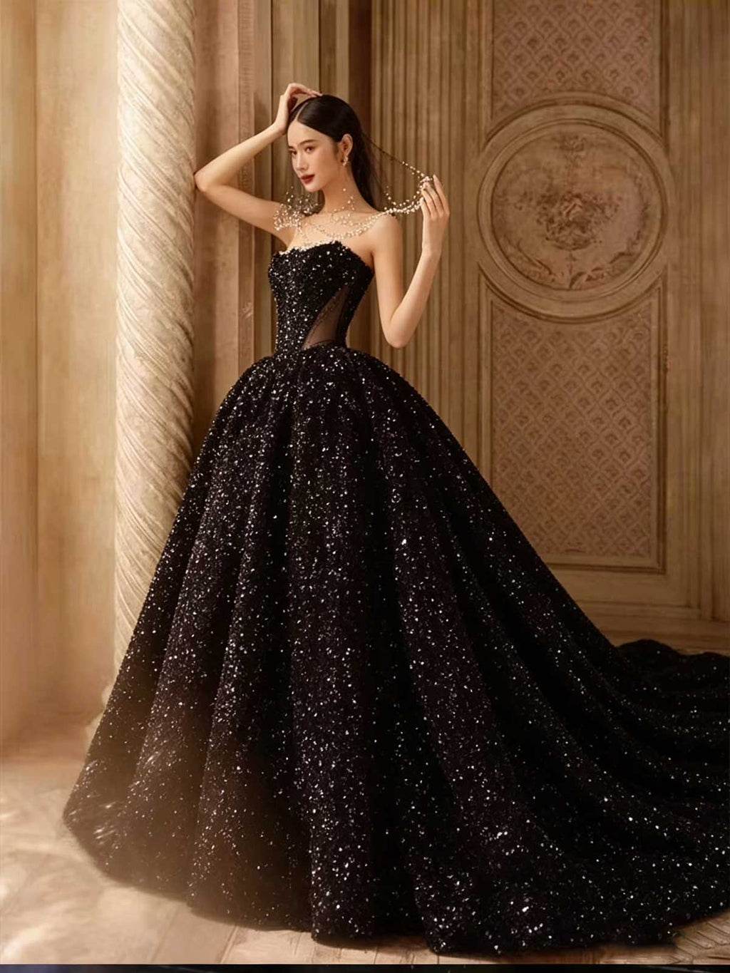 Black Strapless Sequin Ball Gown with Sheer Neckline