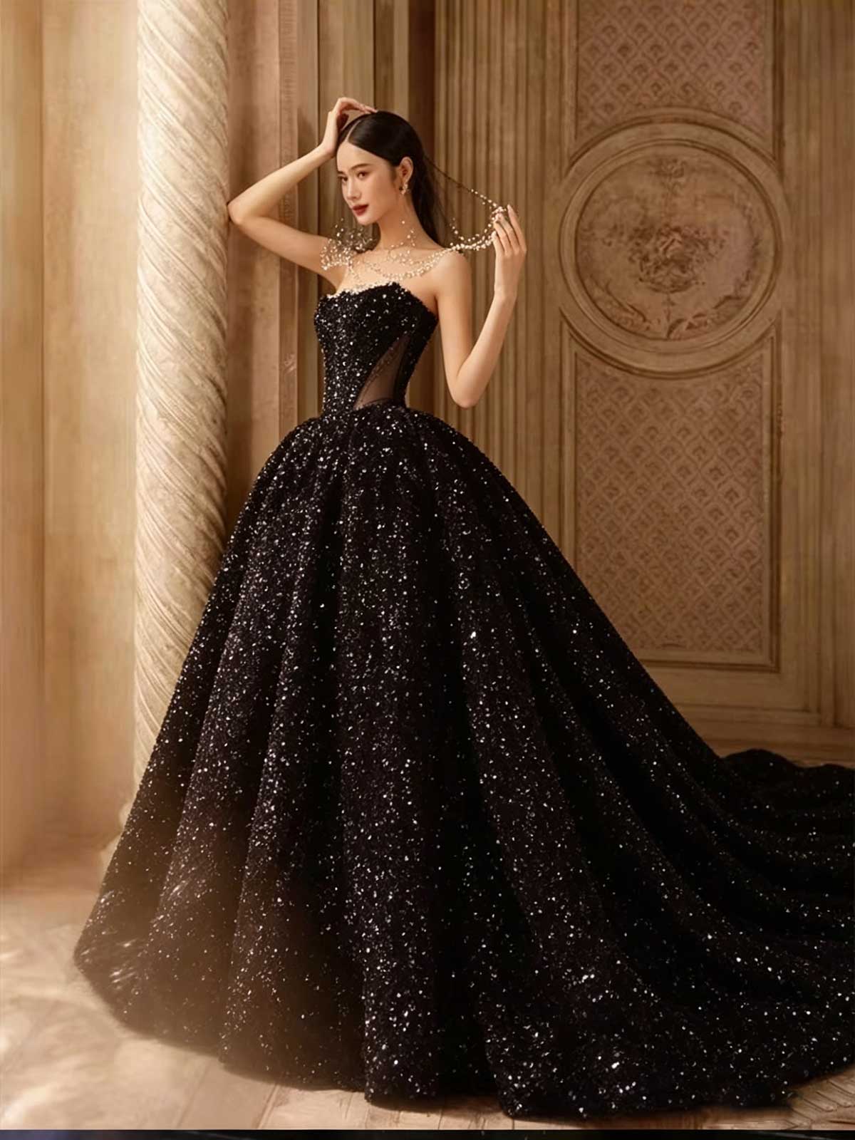 Black Strapless Sequin Ball Gown with Sheer Neckline