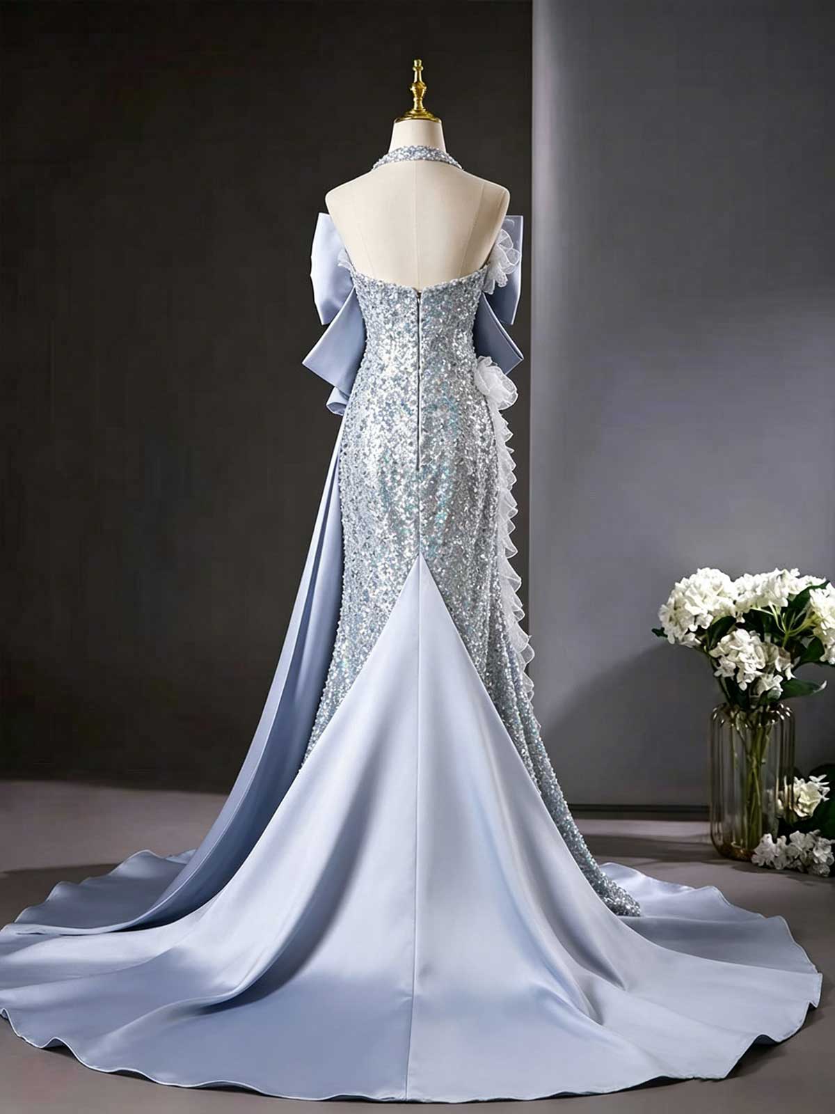 Silver Blue Halter Neck Sequin Mermaid Gown with Oversized Satin Train