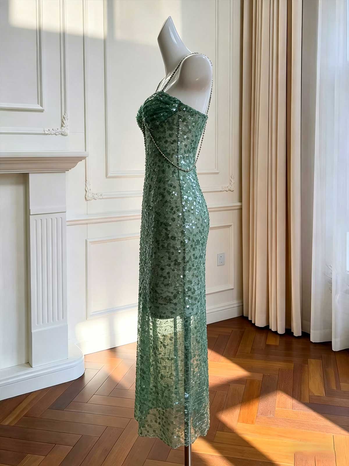 Emerald Green Spaghetti Strap Sequin Evening Dress with Crystal Trim