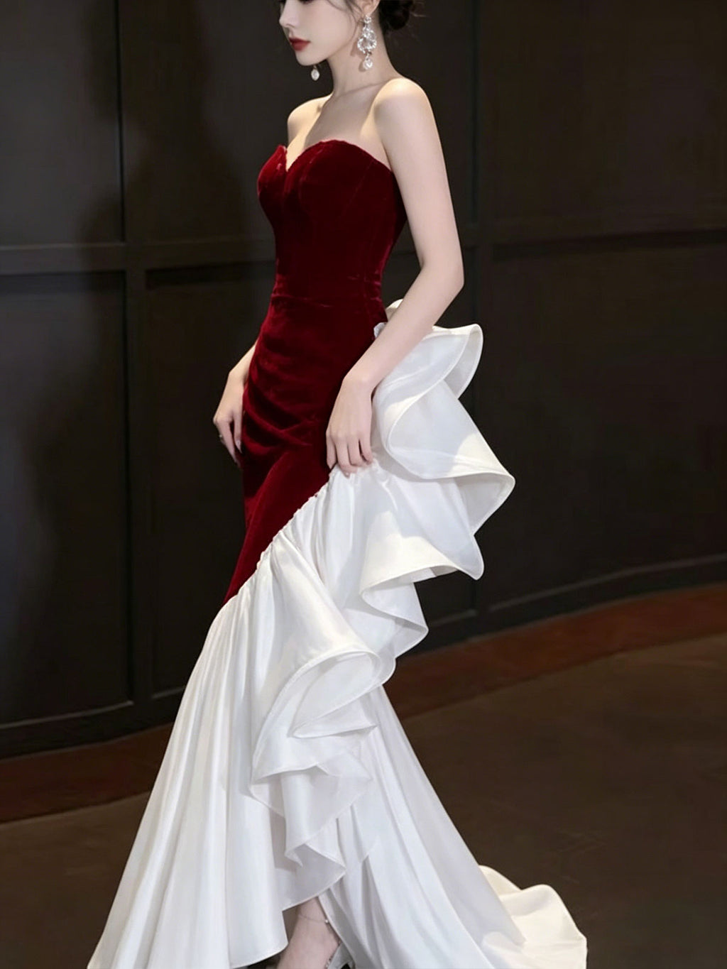 Strapless Burgundy Velvet White Ruffle Mermaid Formal Gown