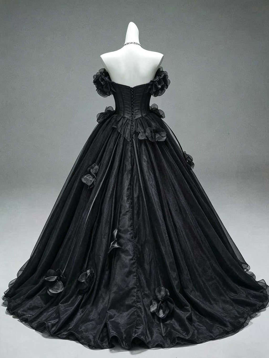 Black Off-the-Shoulder Tulle Ball Gown with 3D Floral Appliqués