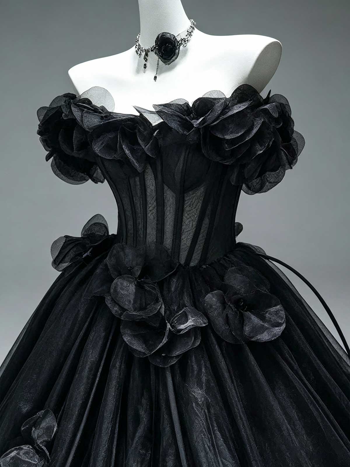 Black Off-the-Shoulder Tulle Ball Gown with 3D Floral Appliqués