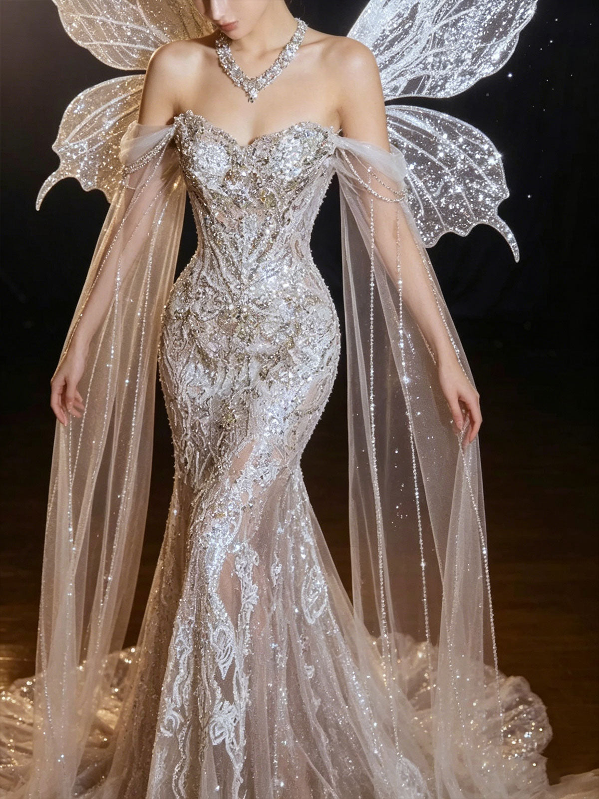 Strapless Butterfly Wing Crystal Tulle Mermaid Evening Gown