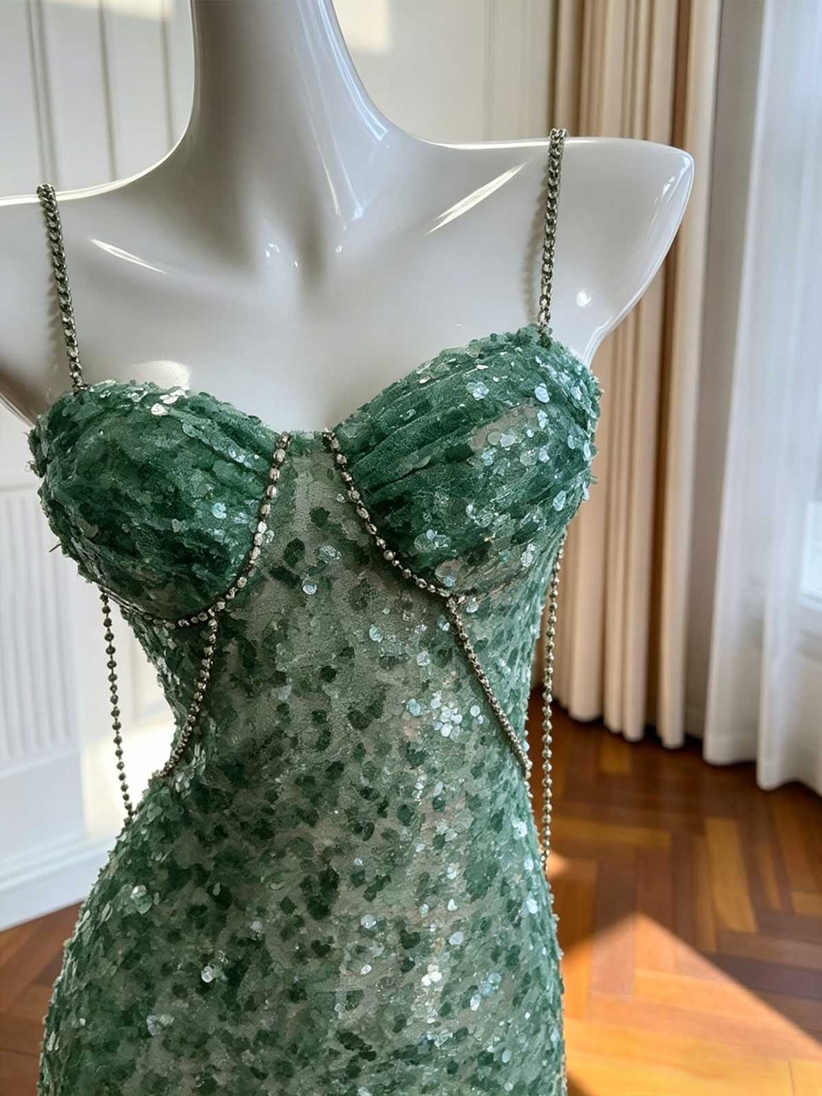 Emerald Green Spaghetti Strap Sequin Evening Dress with Crystal Trim