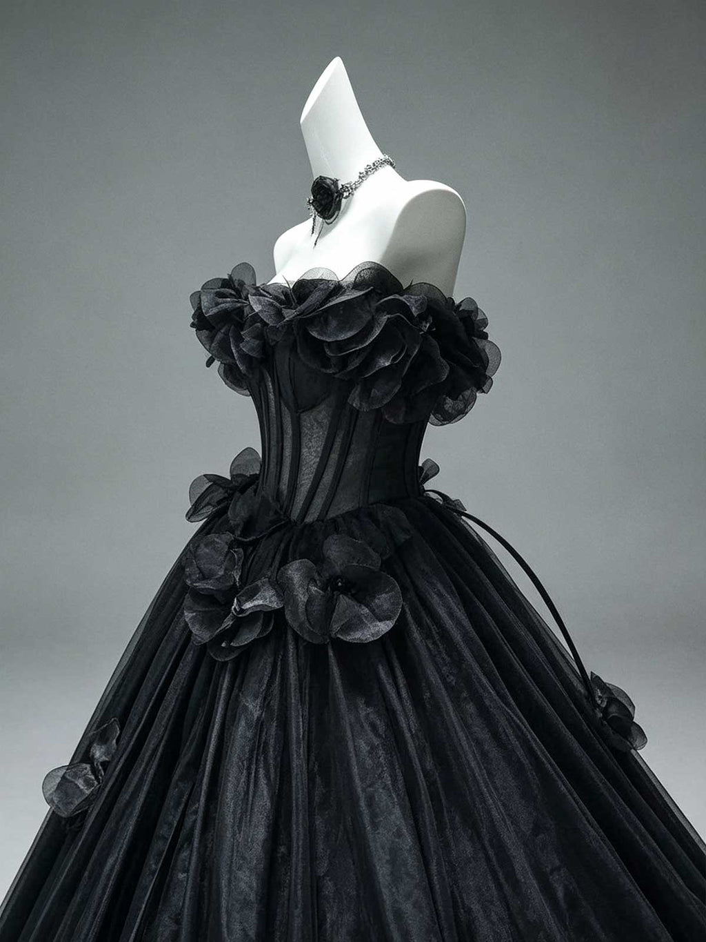 Black Off-the-Shoulder Tulle Ball Gown with 3D Floral Appliqués