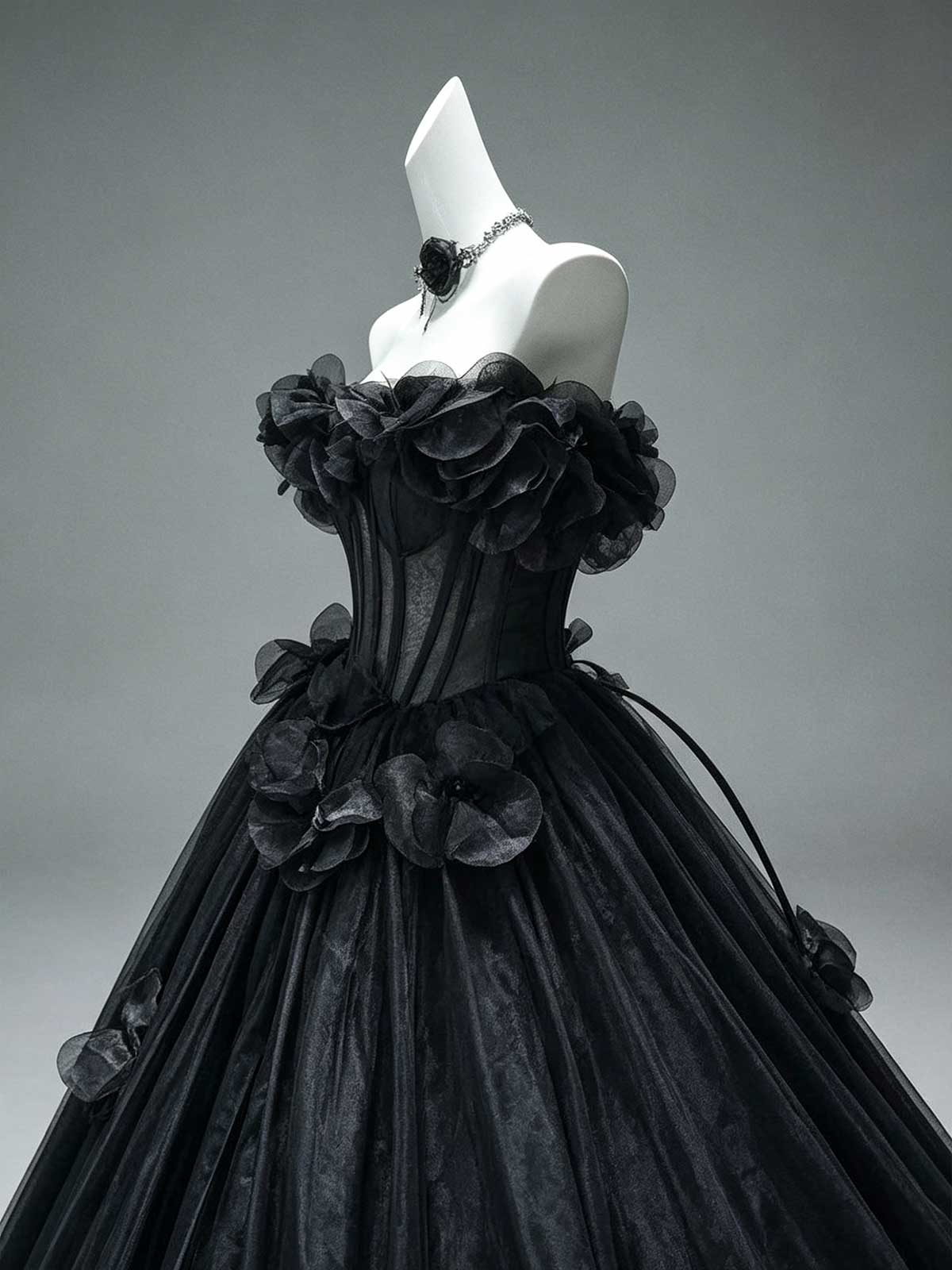 Black Off-the-Shoulder Tulle Ball Gown with 3D Floral Appliqués