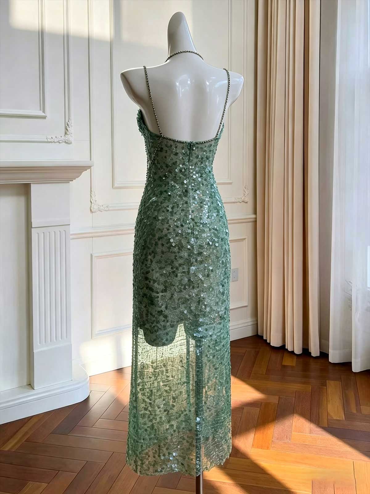 Emerald Green Spaghetti Strap Sequin Evening Dress with Crystal Trim
