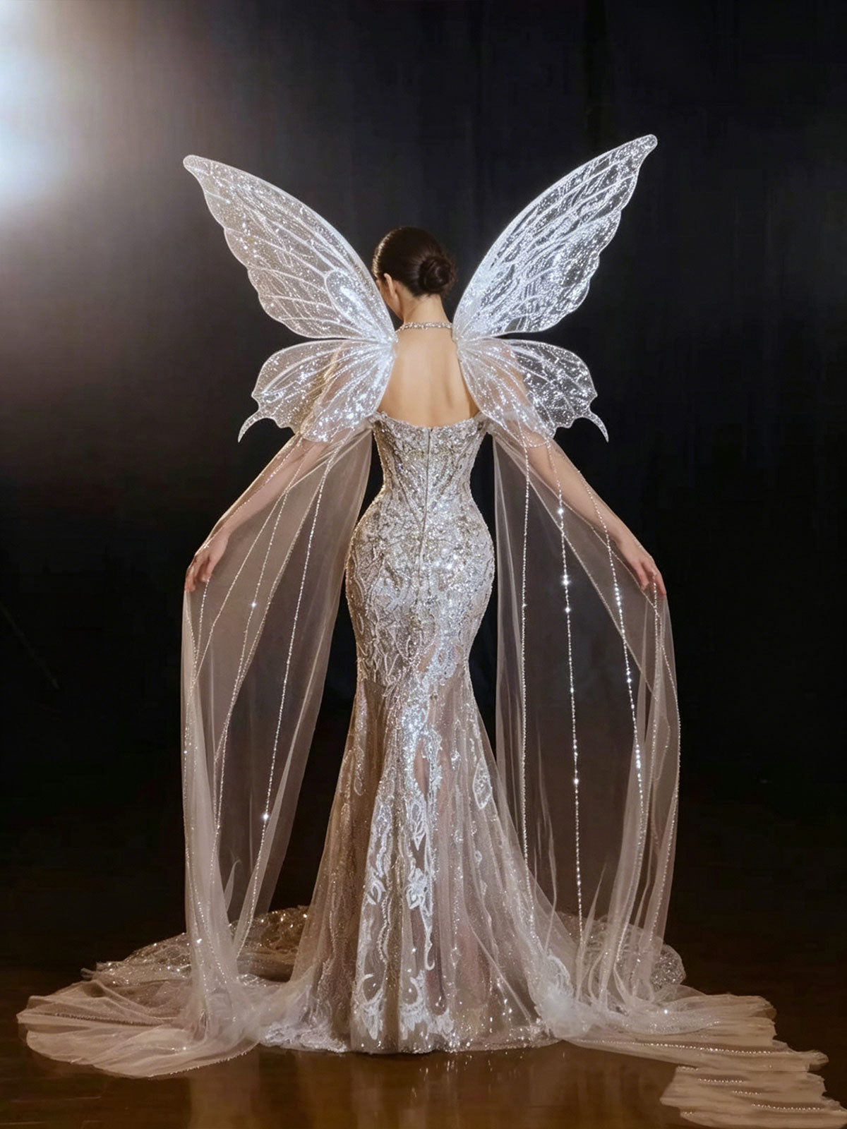 Strapless Butterfly Wing Crystal Tulle Mermaid Evening Gown