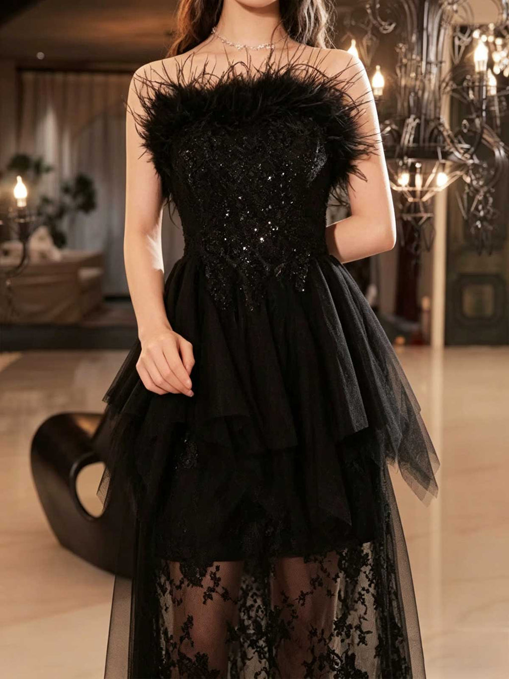 Black Strapless Feather Trim Lace Midi Evening Dress