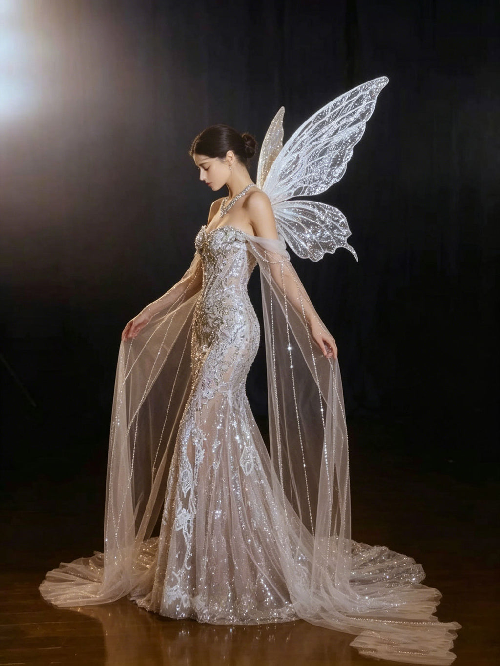 Strapless Butterfly Wing Crystal Tulle Mermaid Evening Gown