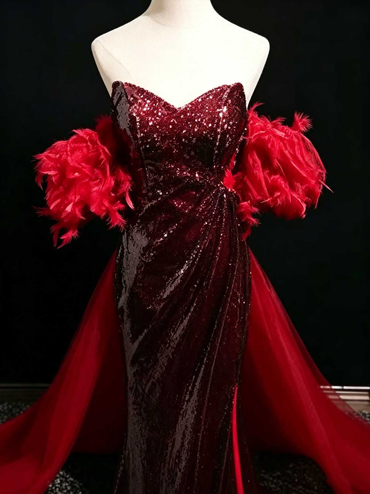 Deep Red Strapless Sequin Mermaid Evening Gown with Feather Cuffs