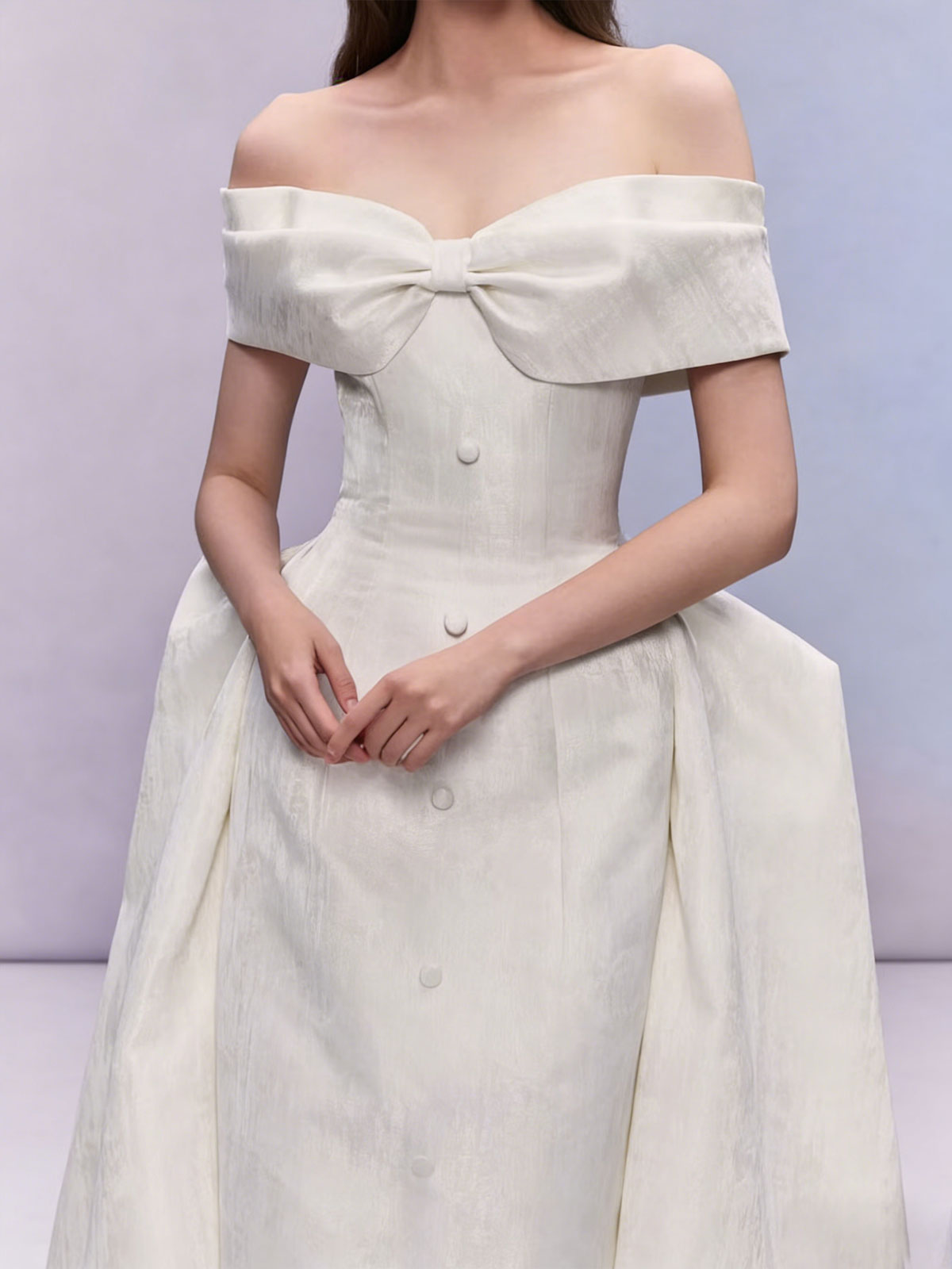 Vintage Off-the-Shoulder Bow Gown with Structured Ball Gown Silhouette
