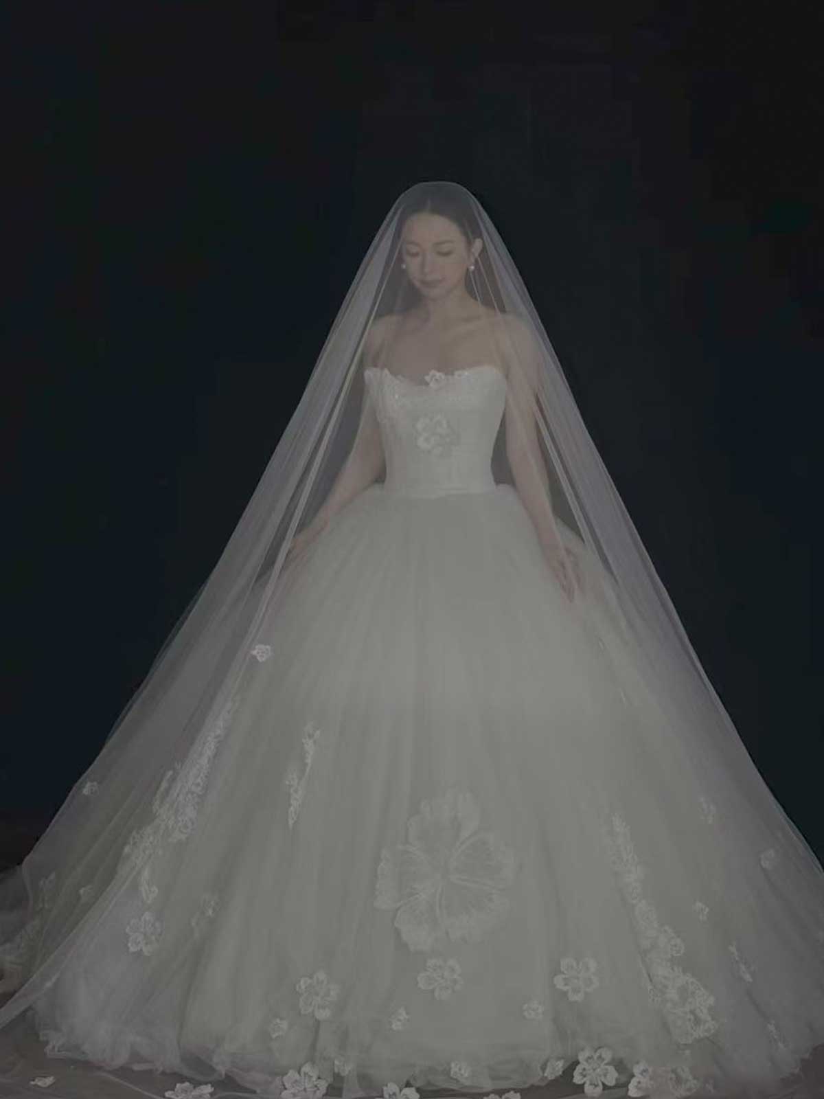 White Lace Strapless A-Line Wedding Dress with Cathedral Veil & Train