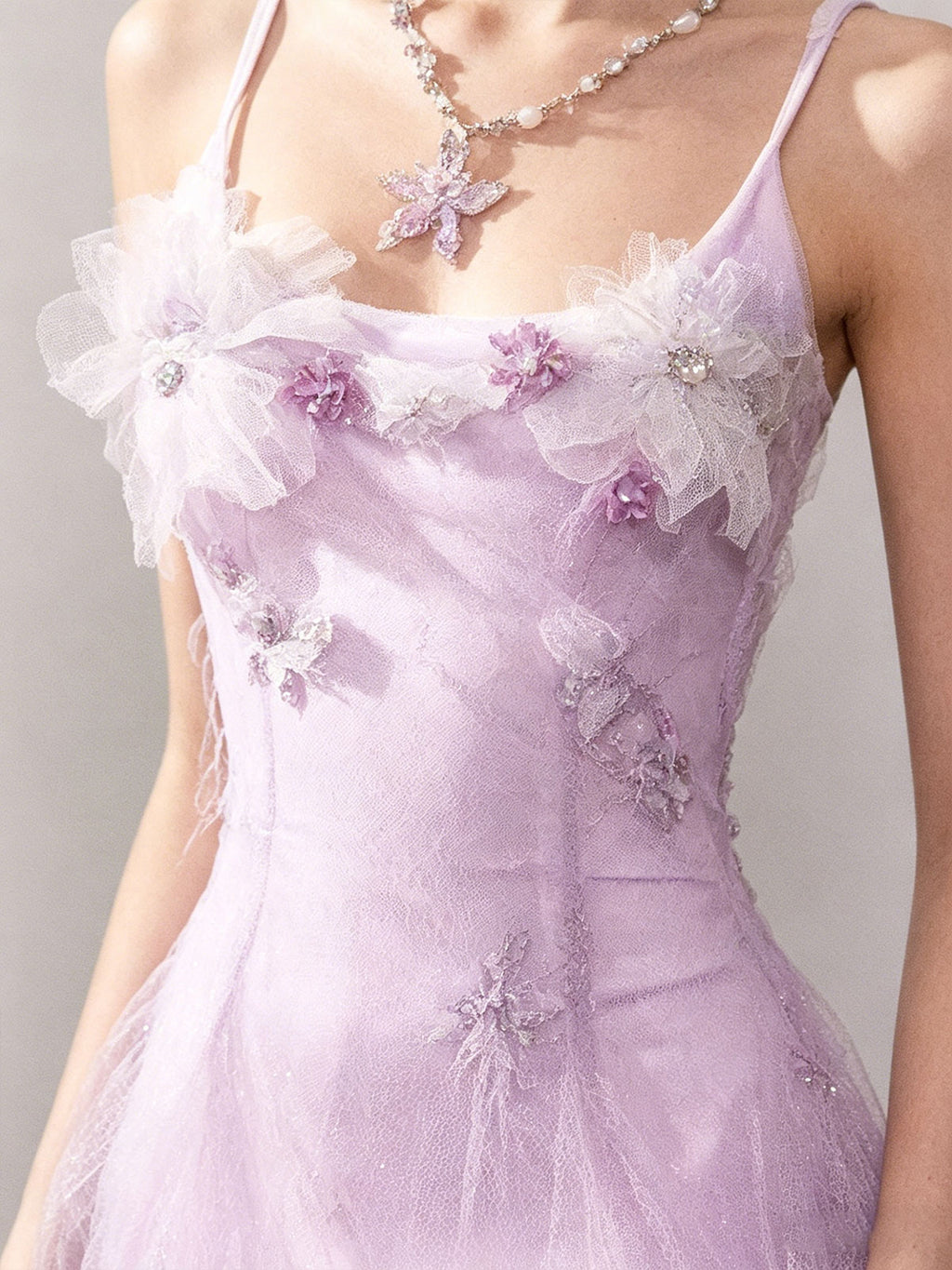Spaghetti Strap 3D Floral Lavender Glitter Tulle Maxi Dress Fairy Formal Gown