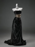 Black Gold Colorblock Velvet Strapless Mermaid Evening Gown