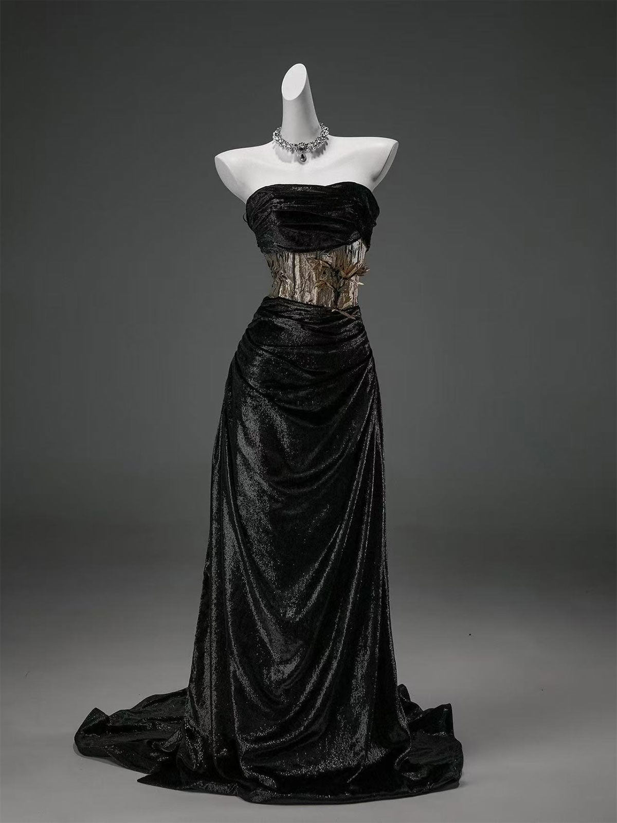 Black Gold Colorblock Velvet Strapless Mermaid Evening Gown