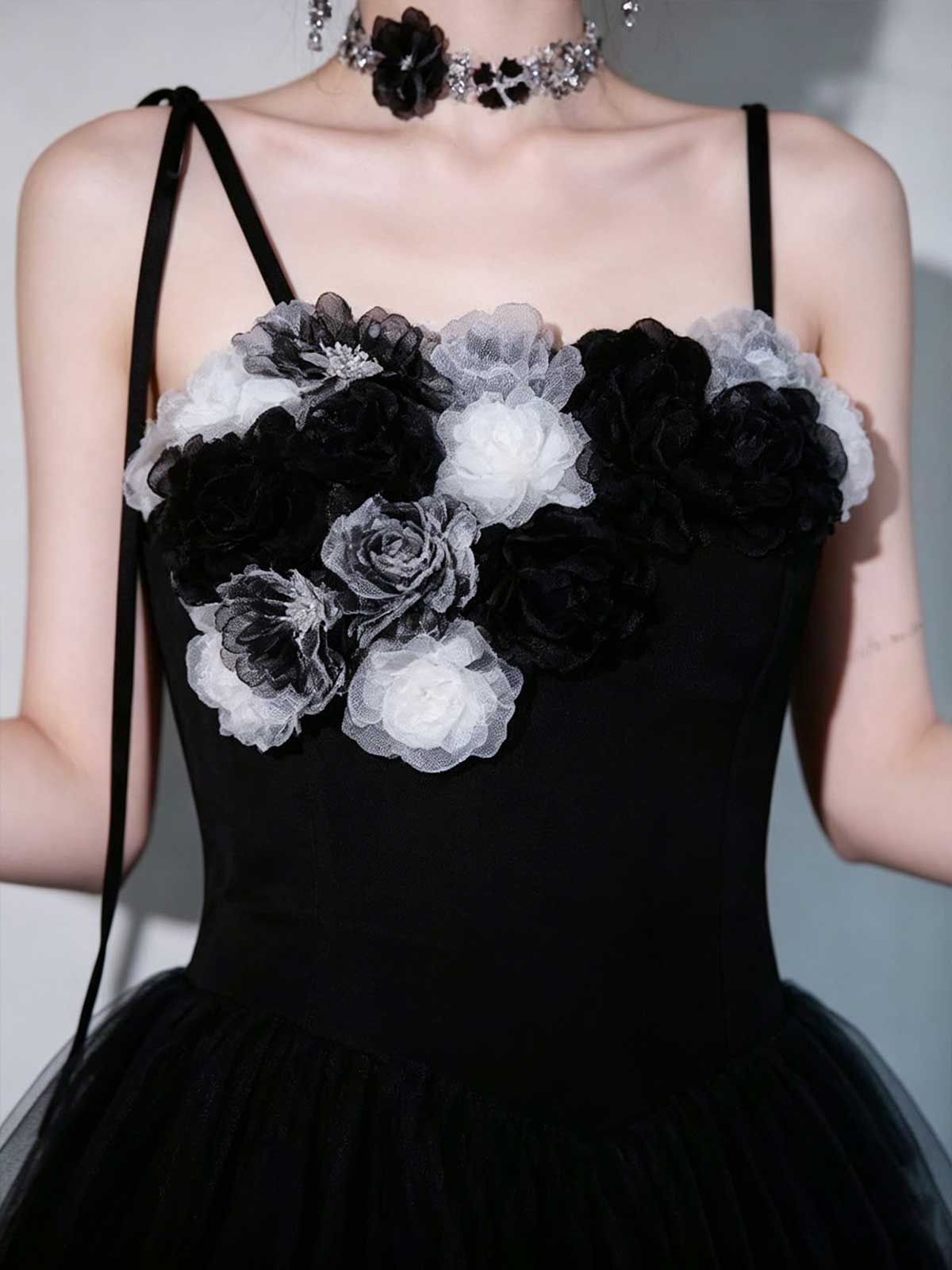 Black White Gradient 3D Floral Spaghetti Strap Tulle Midi Evening Dress