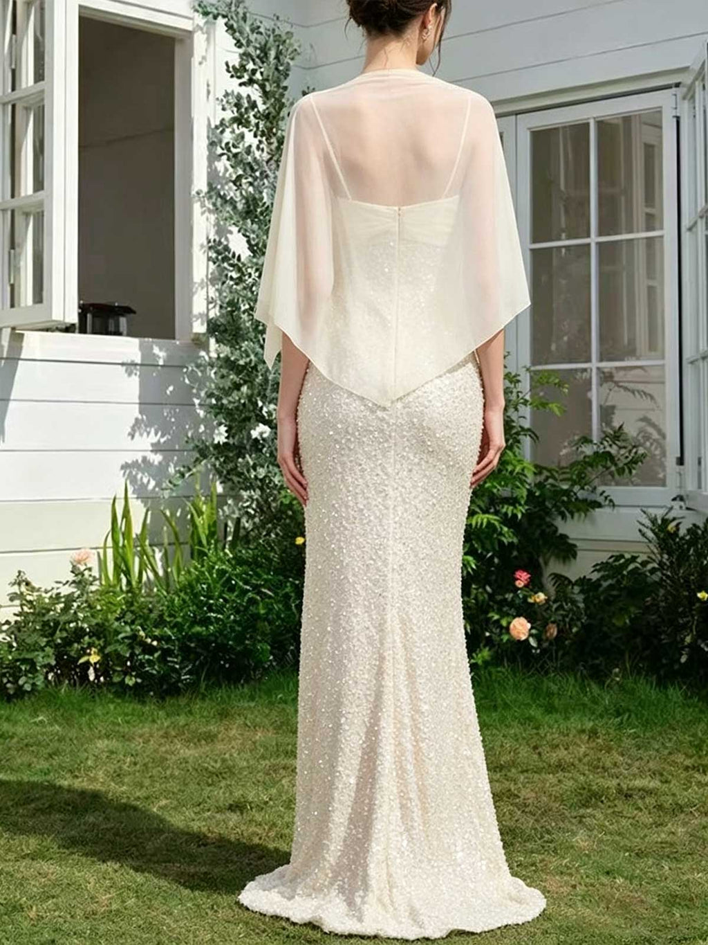 Champagne Sequin Mermaid Evening Gown with Chiffon Cape Overlay Formal Dress