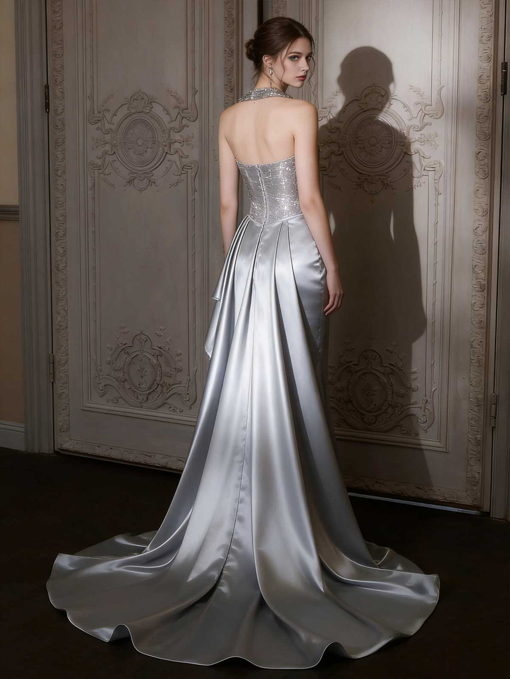 Glamorous Silver Grey Rhinestone Mermaid Wedding Guest Gown