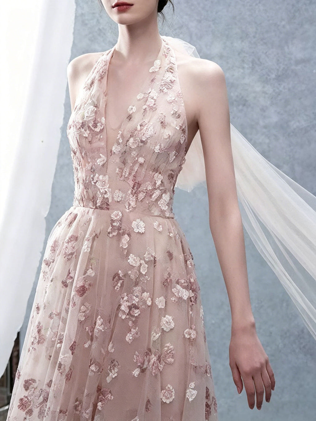Blush Pink Halter Neck Floral Embroidered Tulle Evening Gown