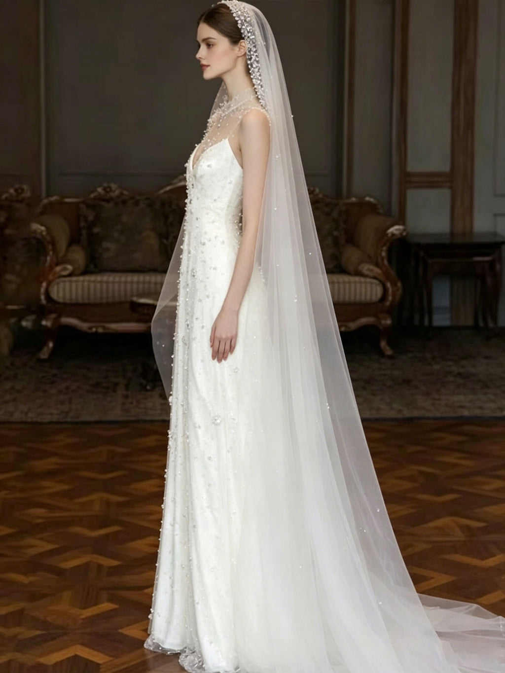 High Neck Sheer Tulle Pearl Beaded Mermaid Train Wedding Gown