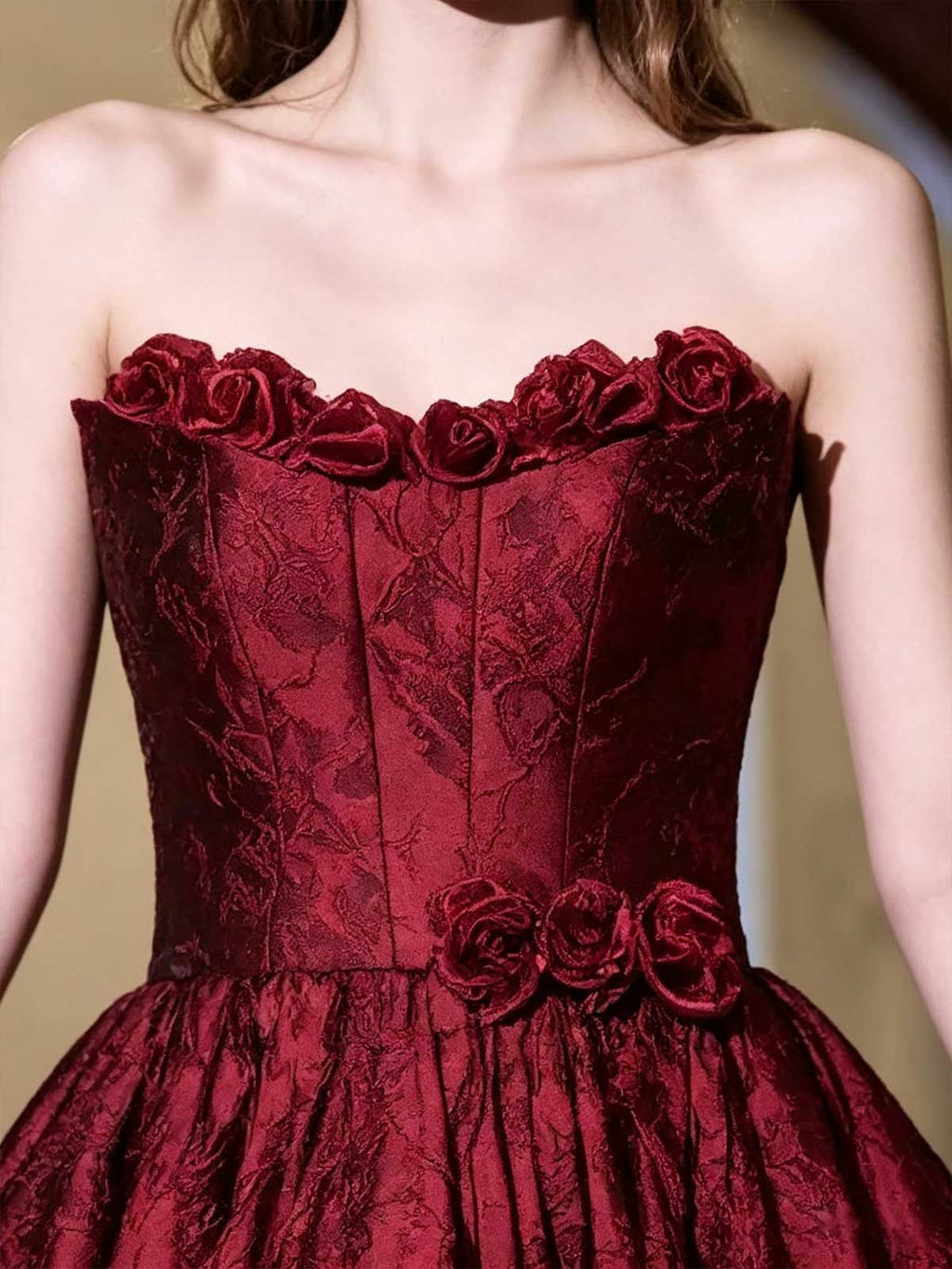 Burgundy Satin Strapless A-Line Evening Gown with 3D Floral