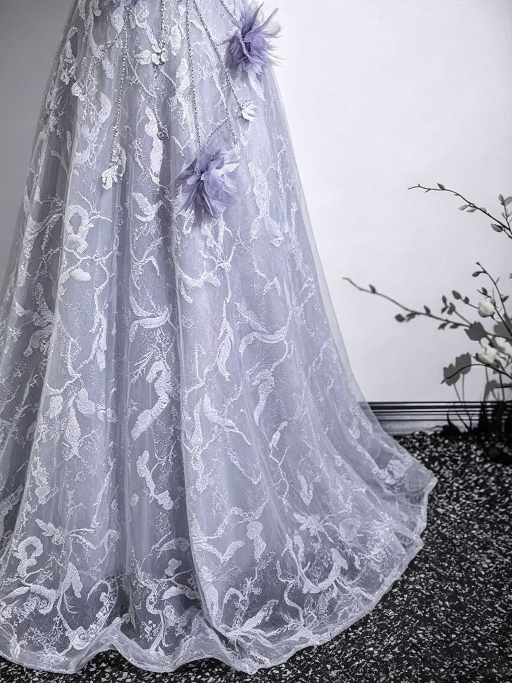 Lavender Off-the-Shoulder Tulle Gown with Feather Trim & 3D Floral Appliqués