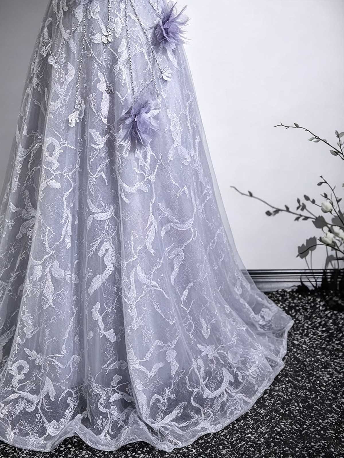 Lavender Off-the-Shoulder Tulle Gown with Feather Trim & 3D Floral Appliqués