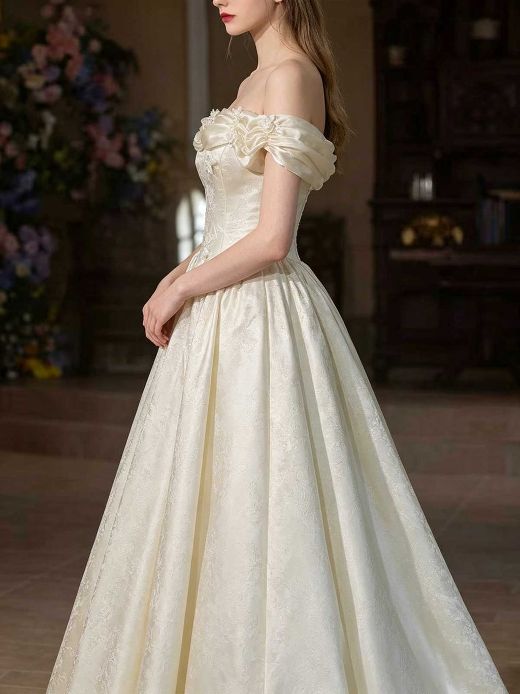 Ivory Satin Off-the-Shoulder Jacquard A-Line Wedding Dress