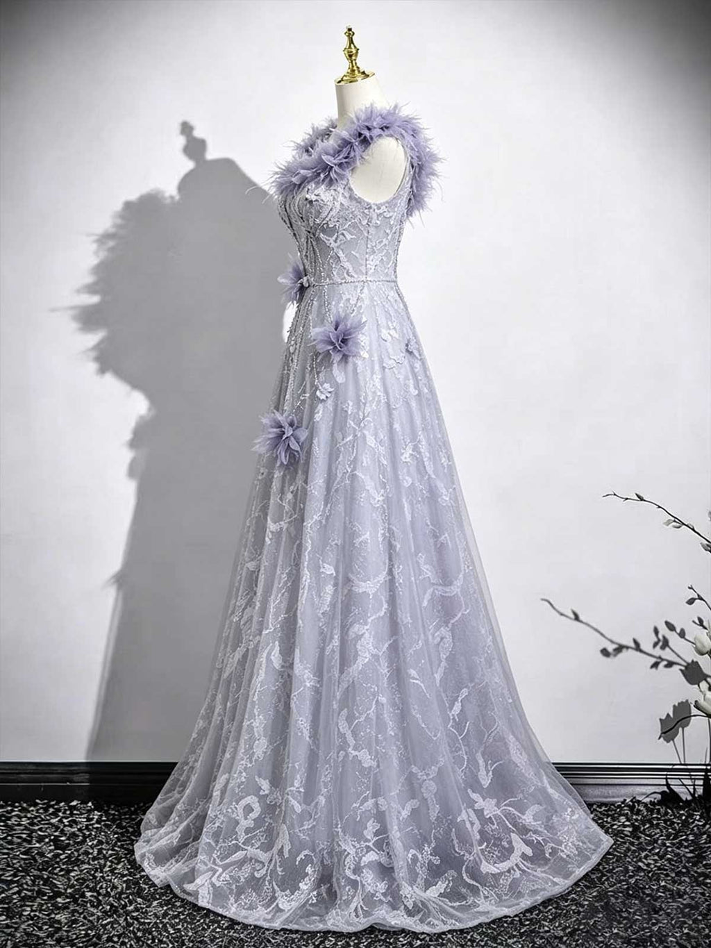 Lavender Off-the-Shoulder Tulle Gown with Feather Trim & 3D Floral Appliqués