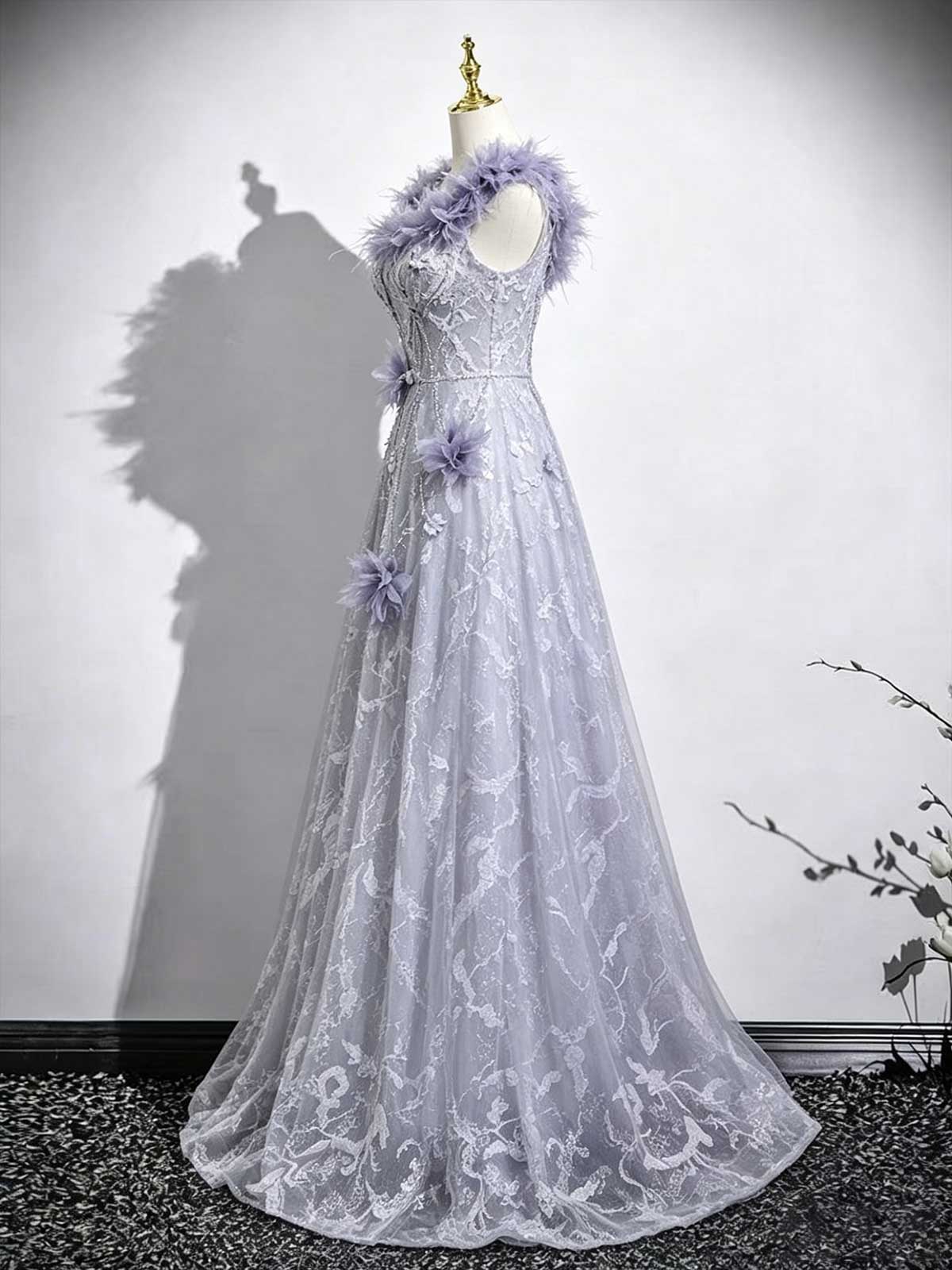 Lavender Off-the-Shoulder Tulle Gown with Feather Trim & 3D Floral Appliqués